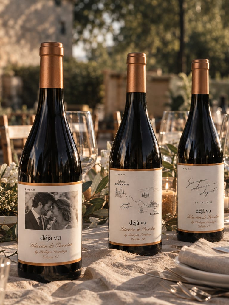Botellas Déjà Vu con la etiqueta personalizada, en una mesa de boda
