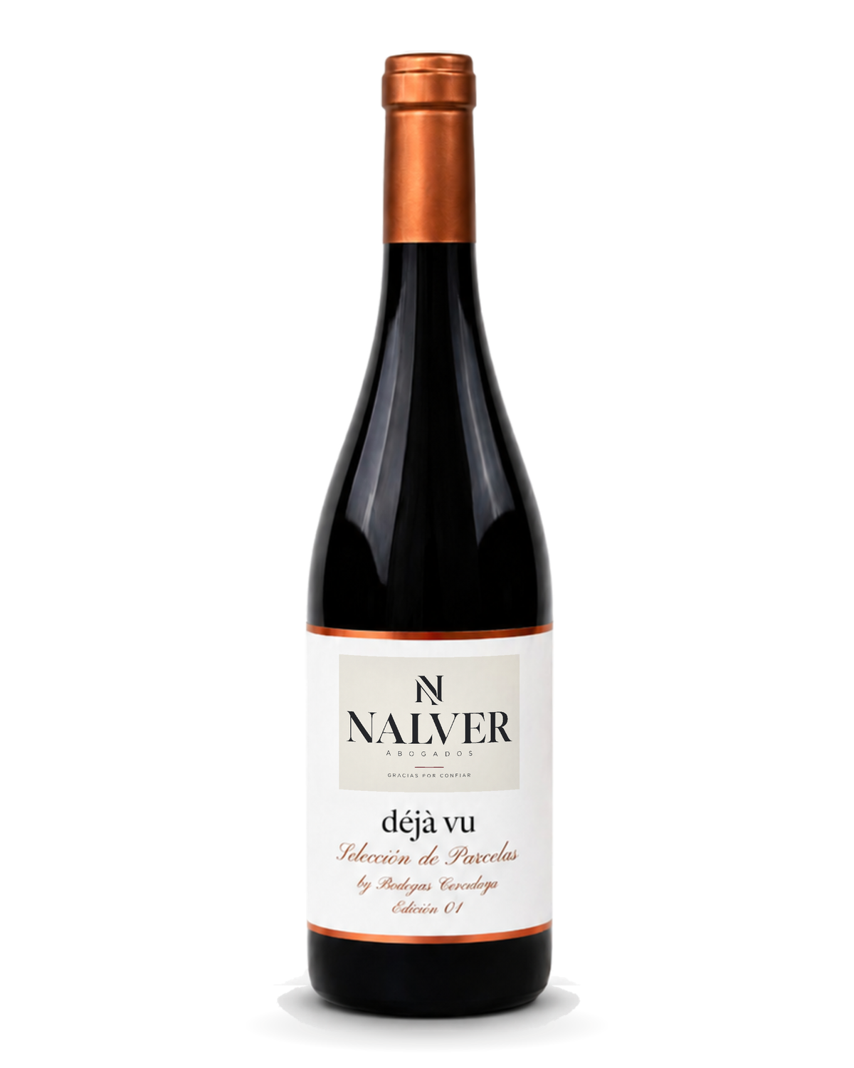 Botella Déjà Vu con un diseño de ejemplo para empresa (Nálver) impreso en la ventana de la etiqueta